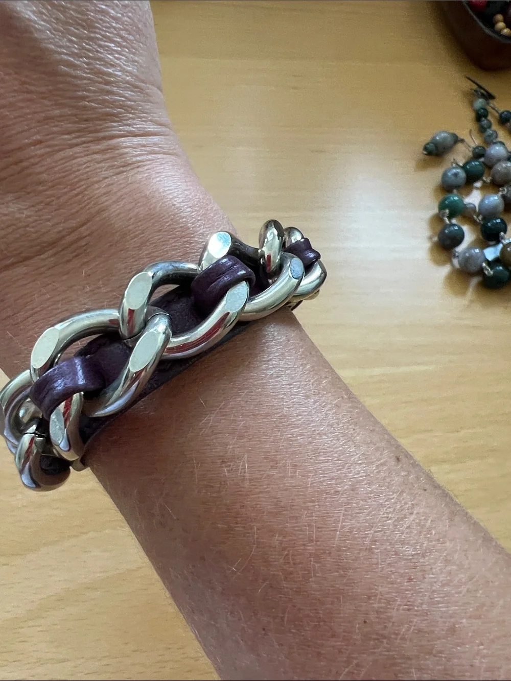 Purple Leather Chain Bracelet with Silver Links from Italy